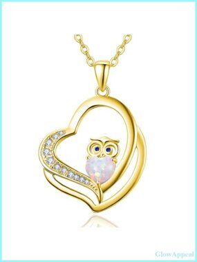 14K Gold Plated Opal Owl Heart Pendant Necklace Adjustable Chain